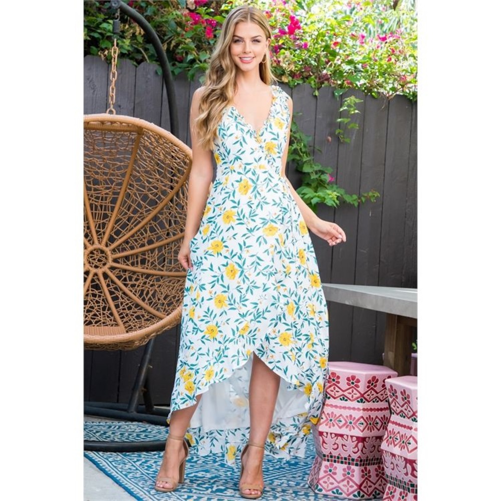 LAST 3️⃣ WHITE YELLOW GREEN FLORAL RUFFLE DETAIL LONG BACK DRESS
